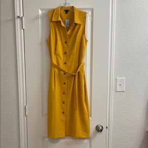 Ann Taylor Sleeveless Button-Front Belted Midi Dress in Mustard